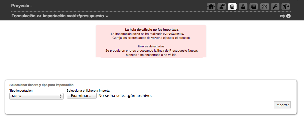 Aviso de error en la importación de presupuesto de GONG