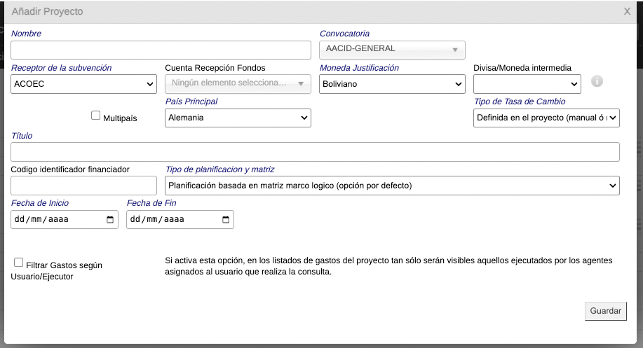 Formulario de alta de proyecto