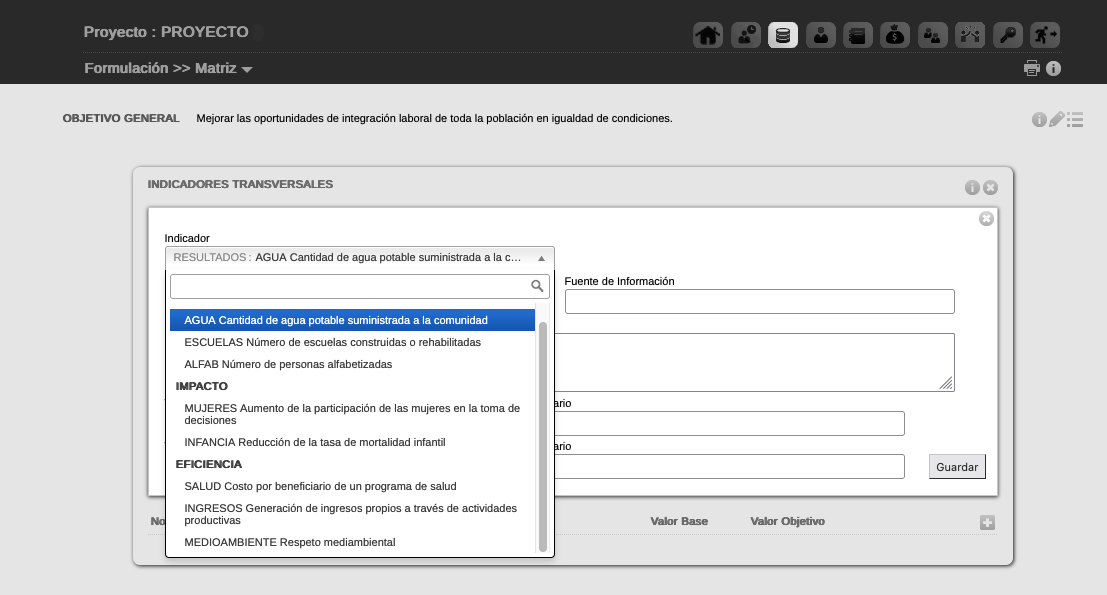 Edición de indicadores trasnversales desde proyecto