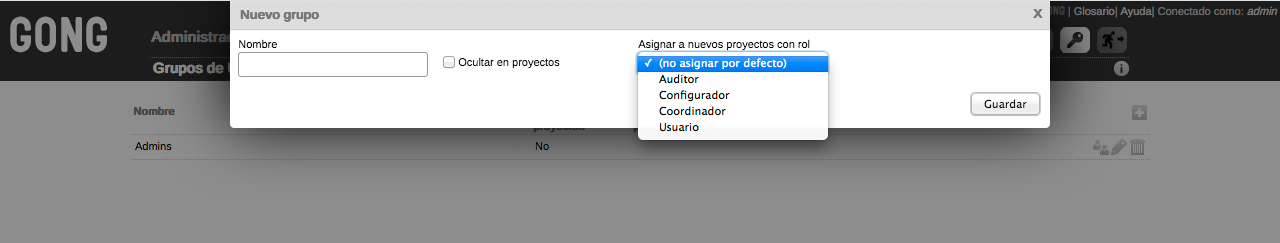 Pantallazo nuevo grupo de usuarios en GONG